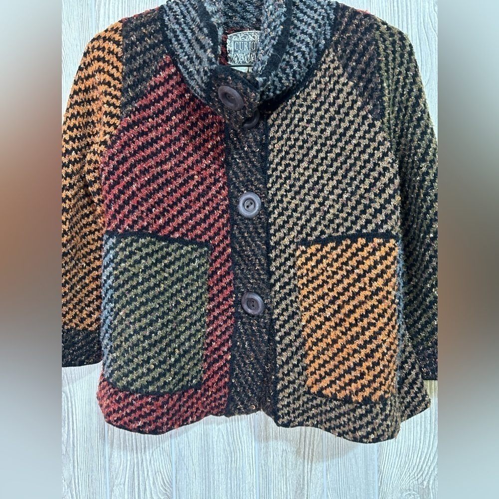 Vintage Curio Patchwork Button Front Cardigan Bla… - image 3